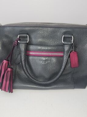 Coach Pebbled Leather Satchel in Charcoal with Pink Accent